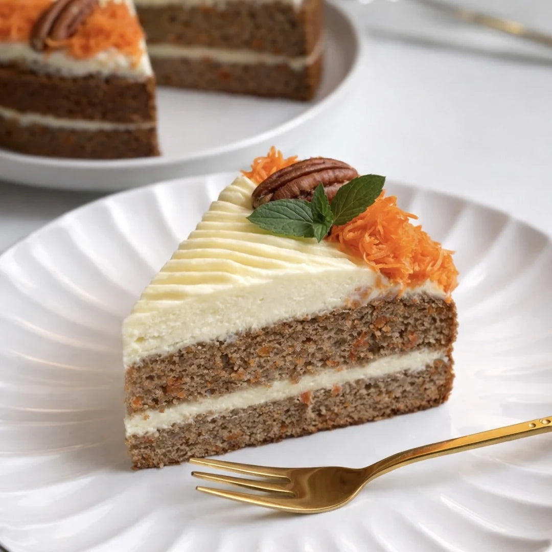Fibriya Karottenkuchen mit Mascarpone-Creme, geriebener Karotte, Pekannüssen und Minze